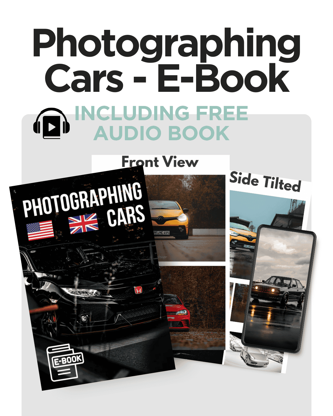 E-book cover for 'Photographing Cars' with images of cars and text on a white background