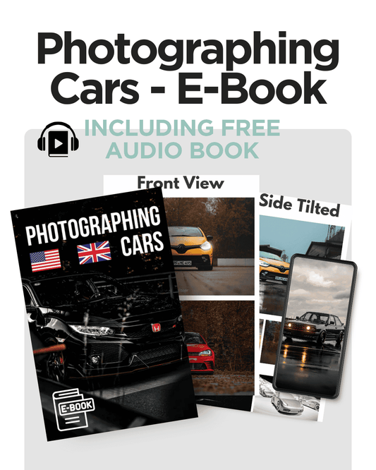 E-book cover for 'Photographing Cars' with images of cars and text on a white background